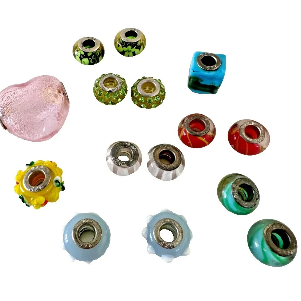 Slider Bead lot 15 Pink Heart Glass Silver 925 Charm Crystals Cupcake Multicolor